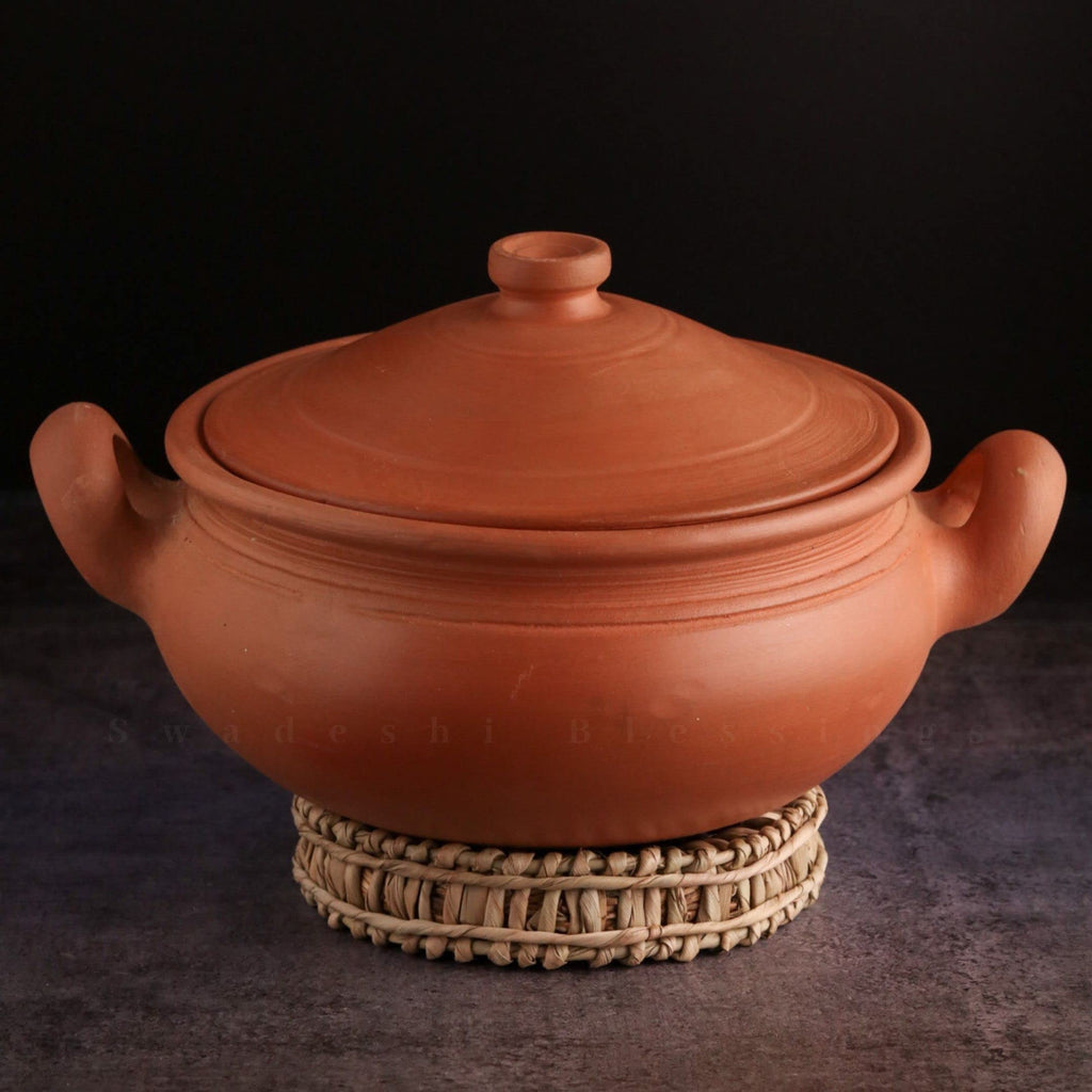 Swadeshi Blessings Exclusive Range Unglazed Clay Pot For Cooking & Serving with Lid/Earthen Kadai/Mud Handi/Mitti Ke Bartan (With Mirror Shine) + ASH For Cleaning (3 Liters)