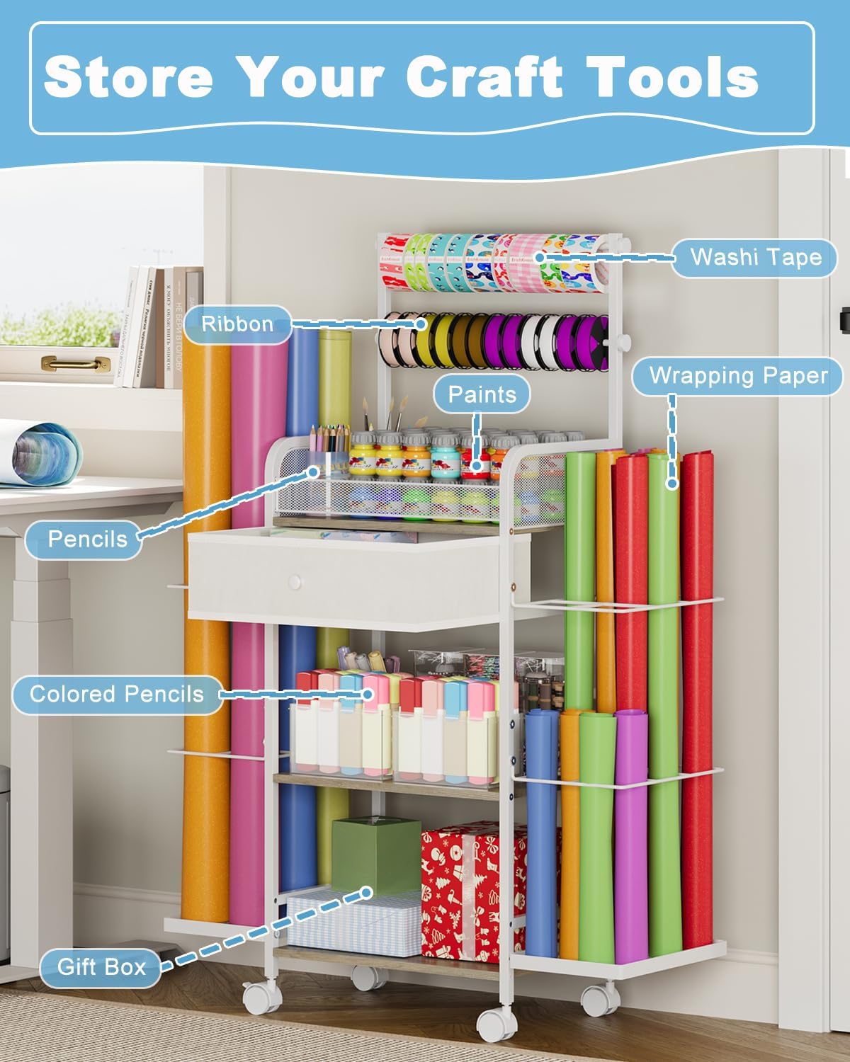 Rsaayekkt Wrapping Paper Storage Cart - Rolling Gift Wrap Station with Fabric Drawer & Ribbon Holder | Metal Craft Organizer