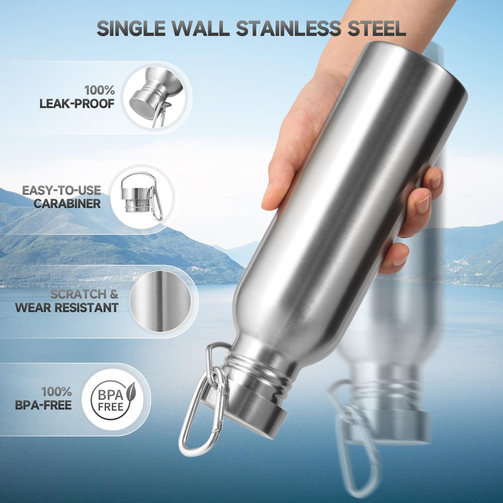 Volhoply 26oz Uninsulated Single Walled Water Bottle, Stainless Steel Reusable Water Bottles with Handle & Carabiner, BPA Free Wide Mouth Water Bottles for Gym Sports Camping(Silver,1)