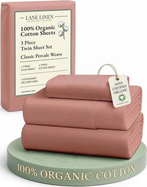 LANE LINEN 100% Organic Cotton Twin Sheet Set - Soft Premium Bedding & Pillowcases, Luxury Percale - Rose Dawn