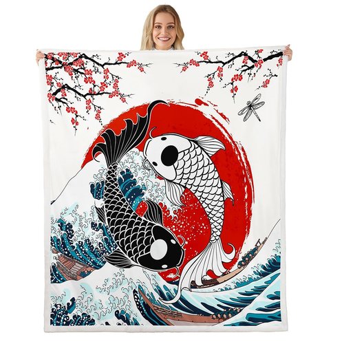 Homewish Japanese Ukiyoe Fish Throw Koi Toddler Fleece Blanket Kids Boys Adult Girls Japanese-Style Koi Animal Oriental Bedroom Decor