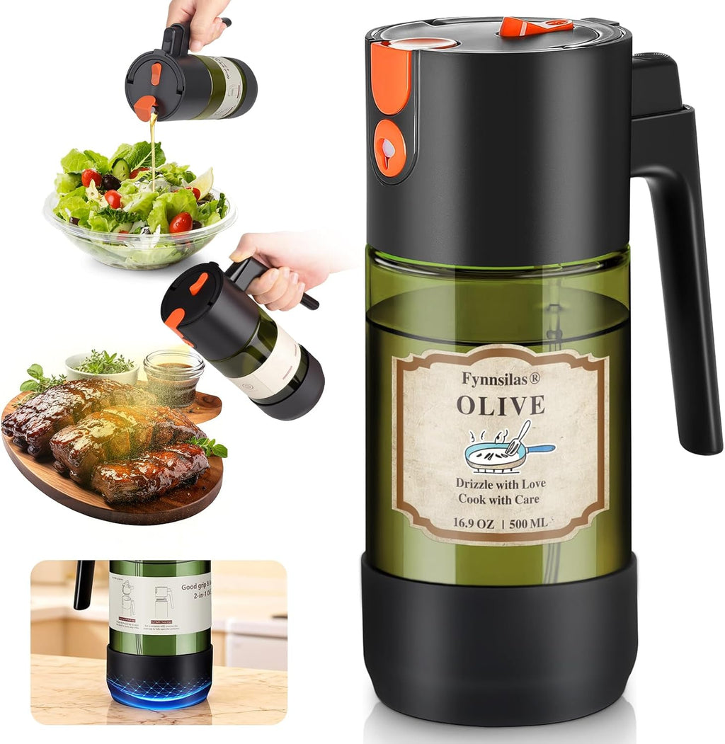 Skiennix 2-IN-1 Oil Sprayer - Light-Blocking Dark Glass Olive Oil Dispenser | 500ml/16.9oz for Cooking & BBQ