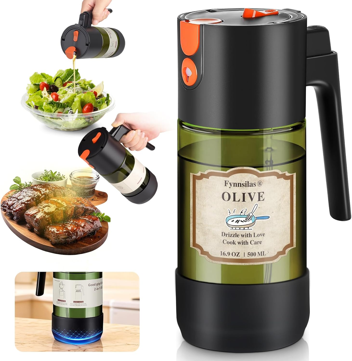 Skiennix 2-IN-1 Oil Sprayer - Light-Blocking Dark Glass Olive Oil Dispenser | 500ml/16.9oz for Cooking & BBQ