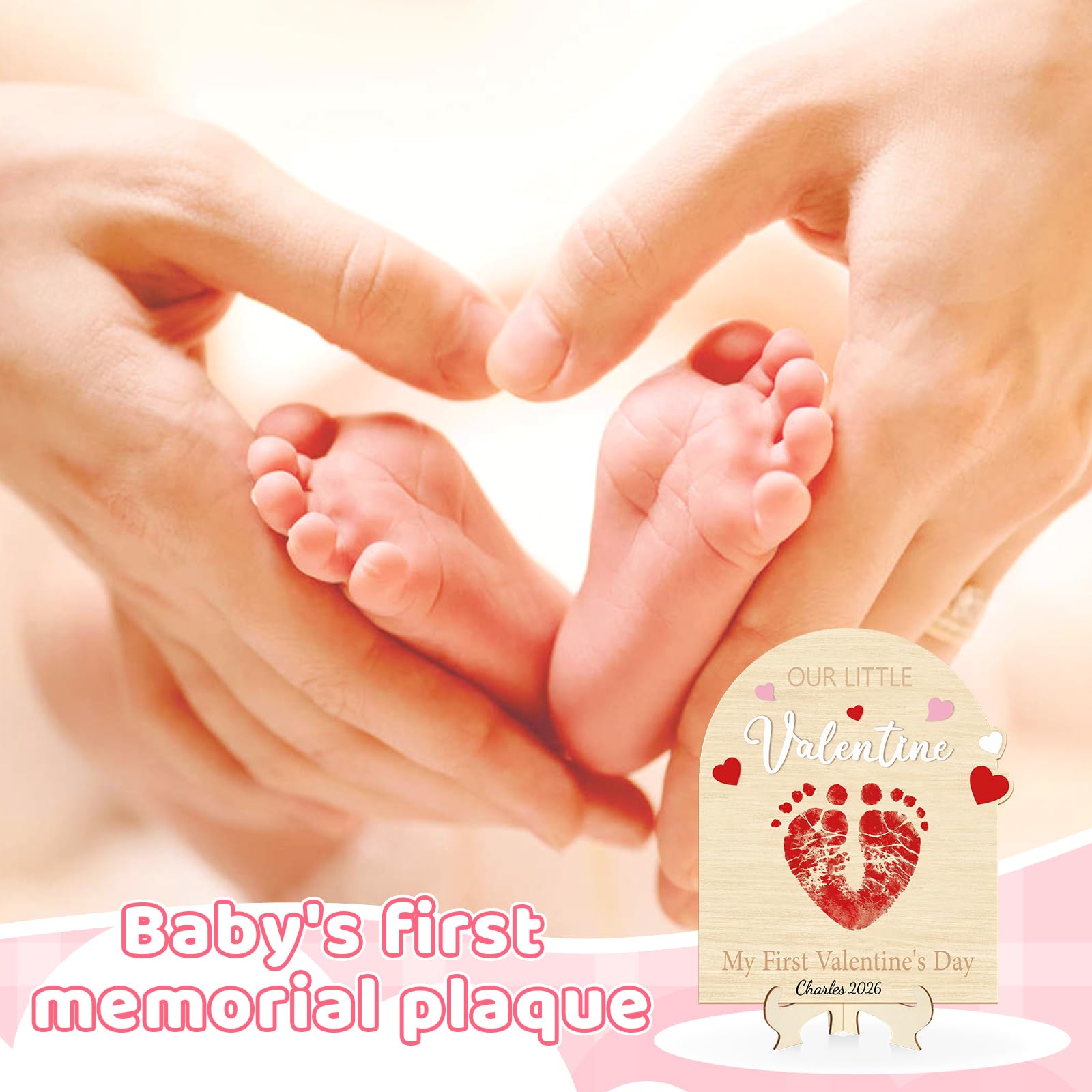 Sereliy Baby's First Valentine's Day DIY Footprint Art Card, Our Little Valentine Wood Sign Milestone Keepsake Ornaments for Baby Shower Newborn Photoshoot Prop (Word)