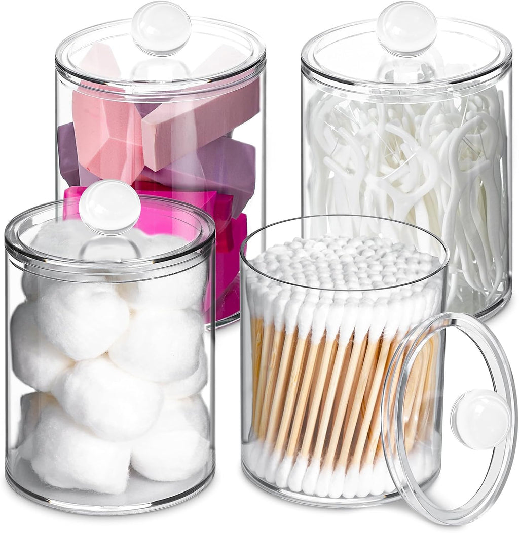 XIPENGKEJI Qtip Holder Set - 4 Pack Apothecary Jars with Lids for Bathroom Organization | 10oz-12oz Plastic Canisters