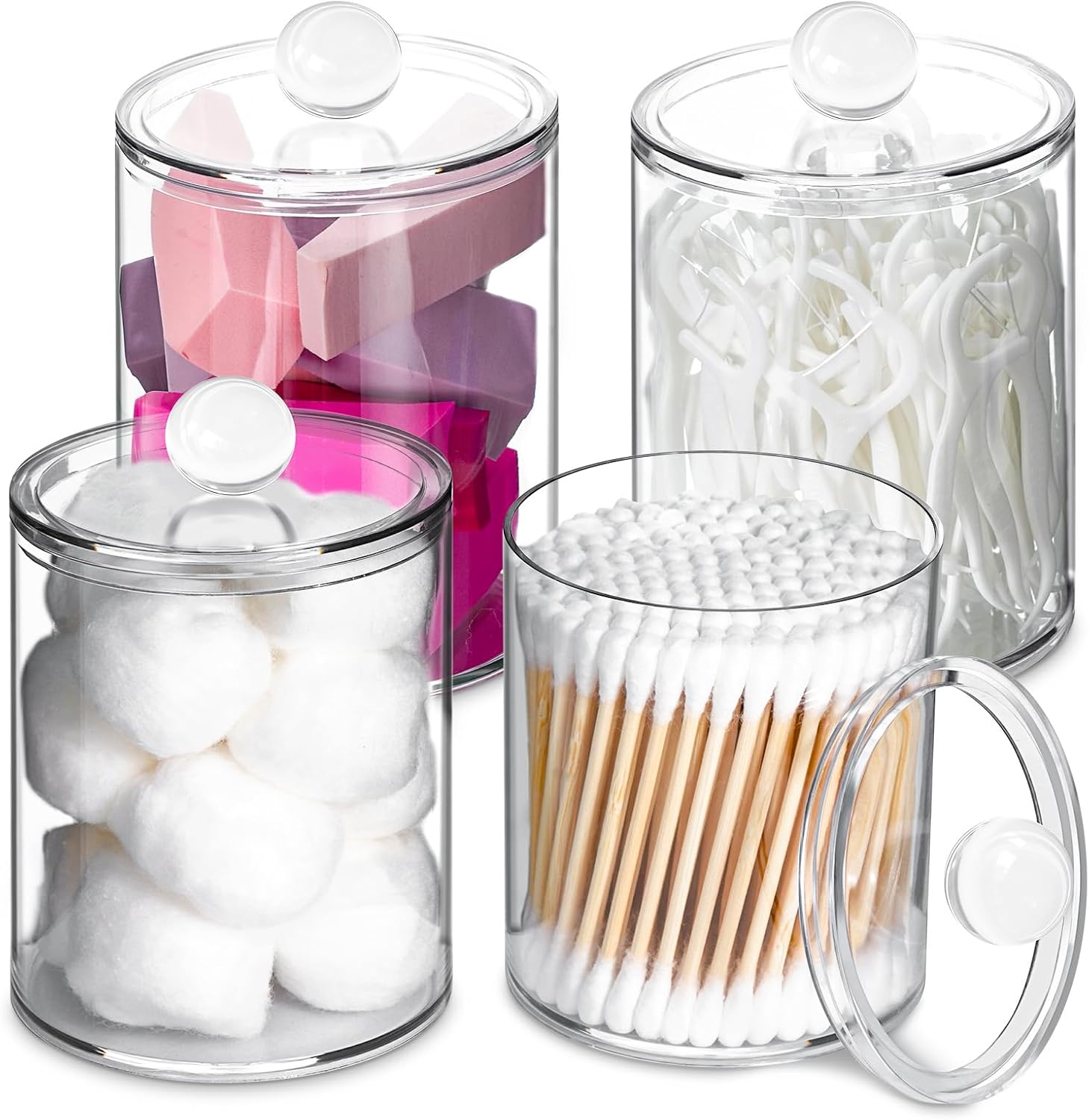 XIPENGKEJI Qtip Holder Set - 4 Pack Apothecary Jars with Lids for Bathroom Organization | 10oz-12oz Plastic Canisters