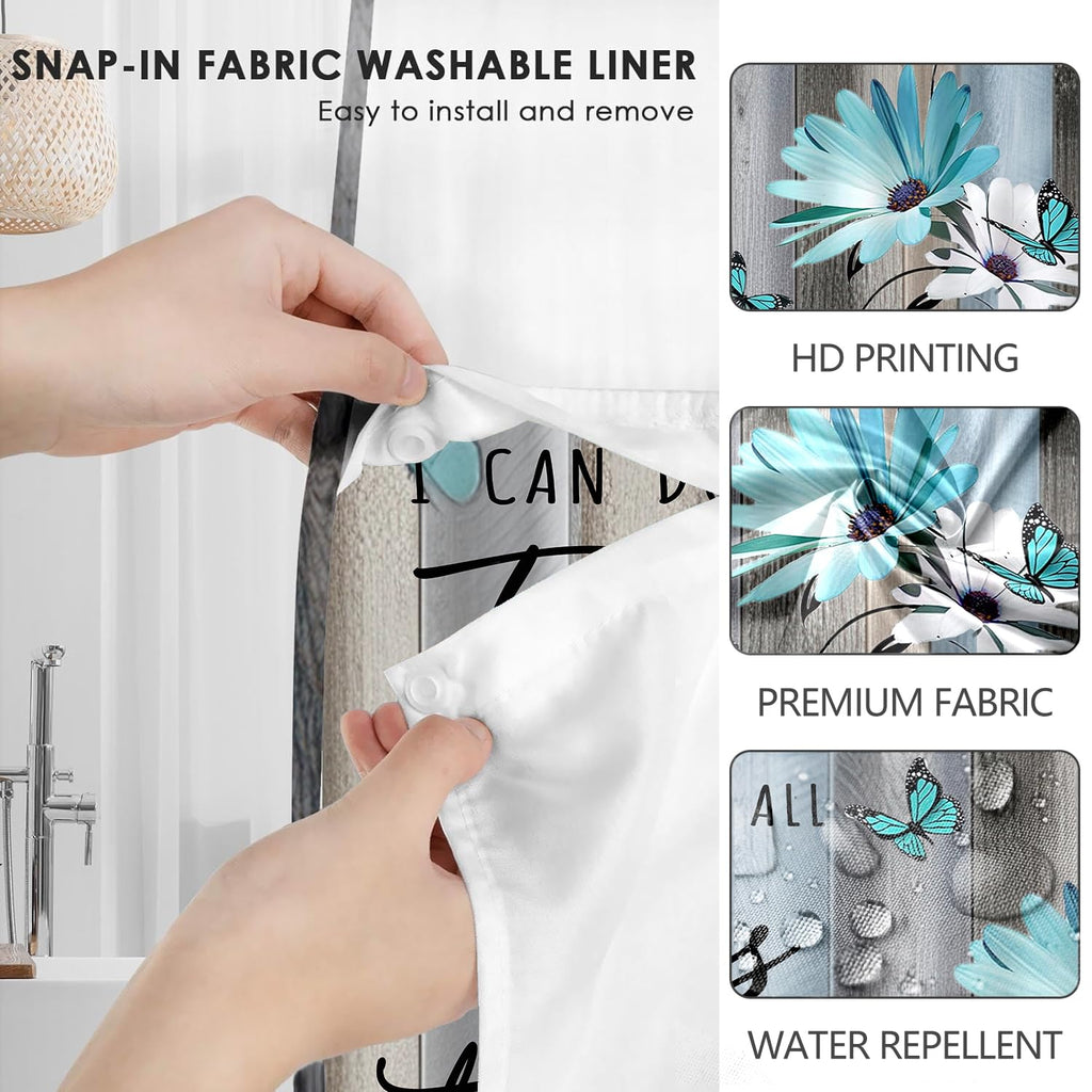 AZHM No Hooks Shower Curtain with Snap in Liner Rustic Teal Daisy Flower Inspirational Quotes Curtain for Bathroom Decor See Through Top Window Double Layers, 71x74 inches