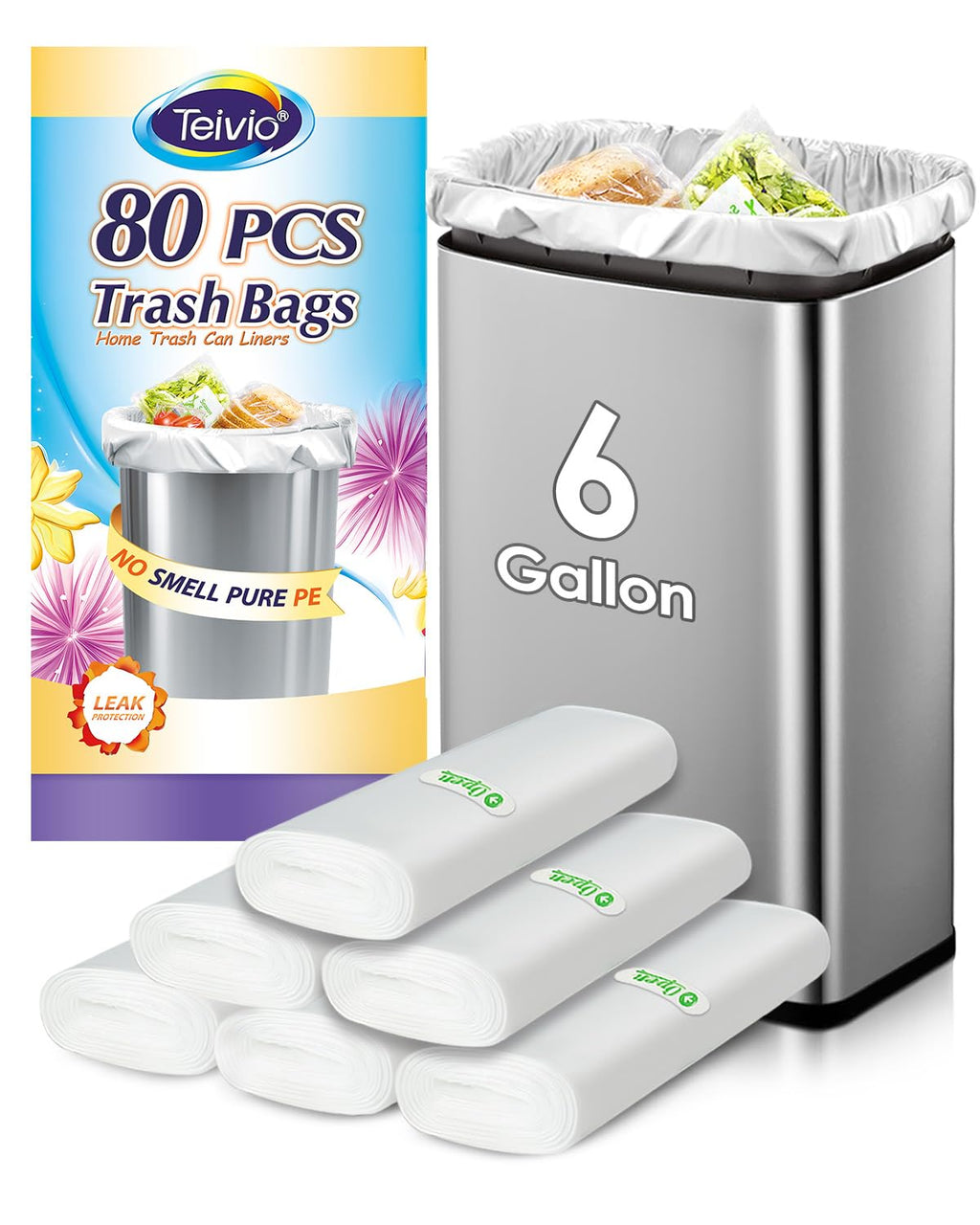 Teivio 6 Gallon 80 Counts Medium Garbage Bags Trash Bags, Bathroom Trash Can Bin Liners, Plastic Bags for home office kitchen,Garden Outdoors waste,Clear