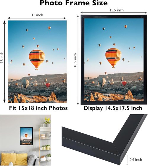 JCJMY 15x18 Picture Frame - Black Wall Gallery Frame for Horizontal & Vertical Photos