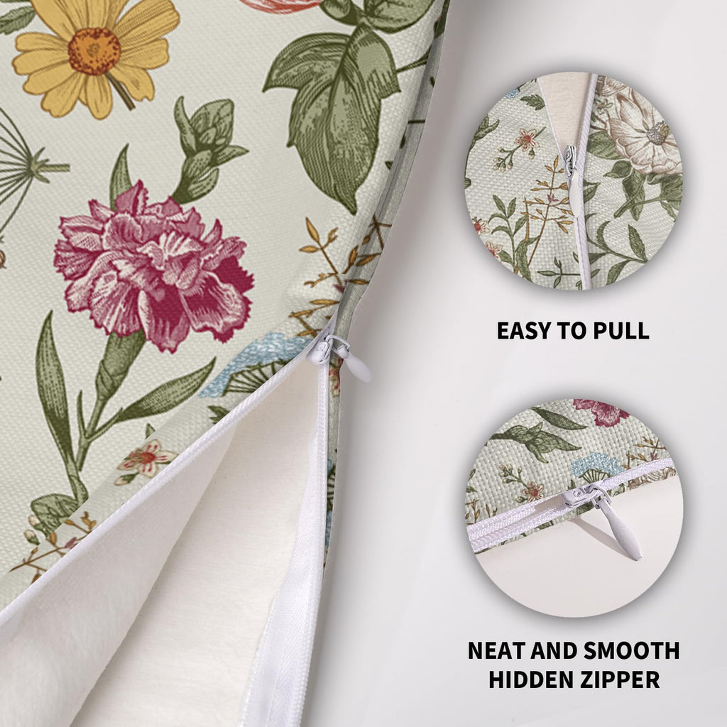 Spring Floral Pillow Covers 18X18 Set of 2, Botanical Print Green Flower Plant Pattern Decorative Throw Pillowcases Outdoor Farmhouse Seasonal Cushion Cases Couch Sofa Bed Decor