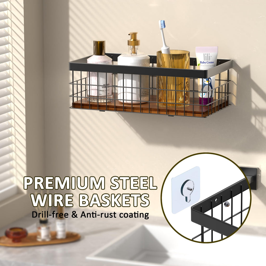 Alytree Toilet Paper Basket with Decorative Wood Base, Small Metal Wire Basket for Toilet Paper, Cosmetic & Spices, Wall Mount Storage Basket for Bathroom, Kitchen