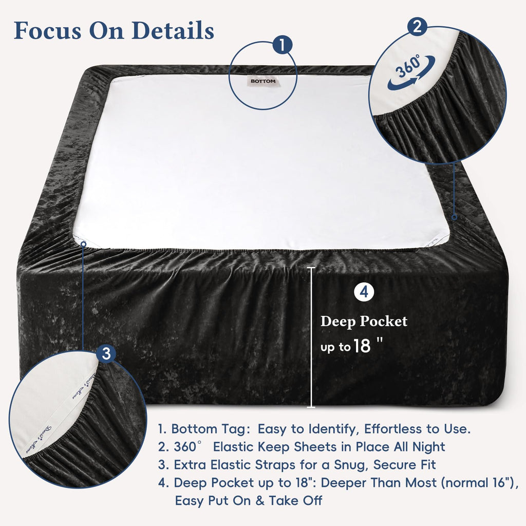 David's Home Velvet Fitted Sheet and Pillowcases Set Queen Size, Extra Deep Pocket up to 18", Soft Plush Fleece Bottom Sheet with Side Pocket & Elastic Corner Straps, Fall Winter, Black
