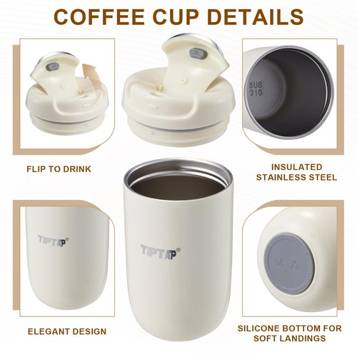 TIPTAP 12oz/350ml Stainless Steel Vacuum Insulated Tumbler, Coffee Travel Mug Spill Proof with Lid, Thermos Cup for Keep Hot/Ice Coffee, Chocolate, Tea and More (White)
