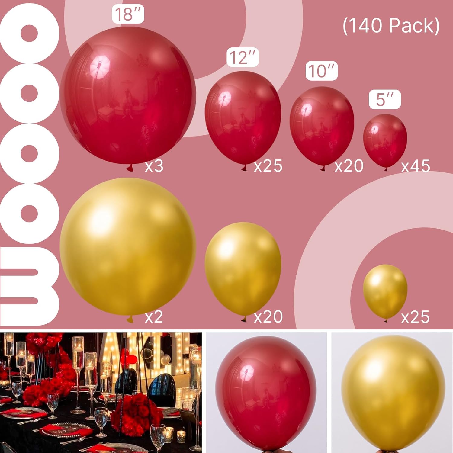 PartyWoo Red and Gold Balloons - 140-Piece Set with 18", 12", 10", & 5" Sizes for Birthday & Party Decor
