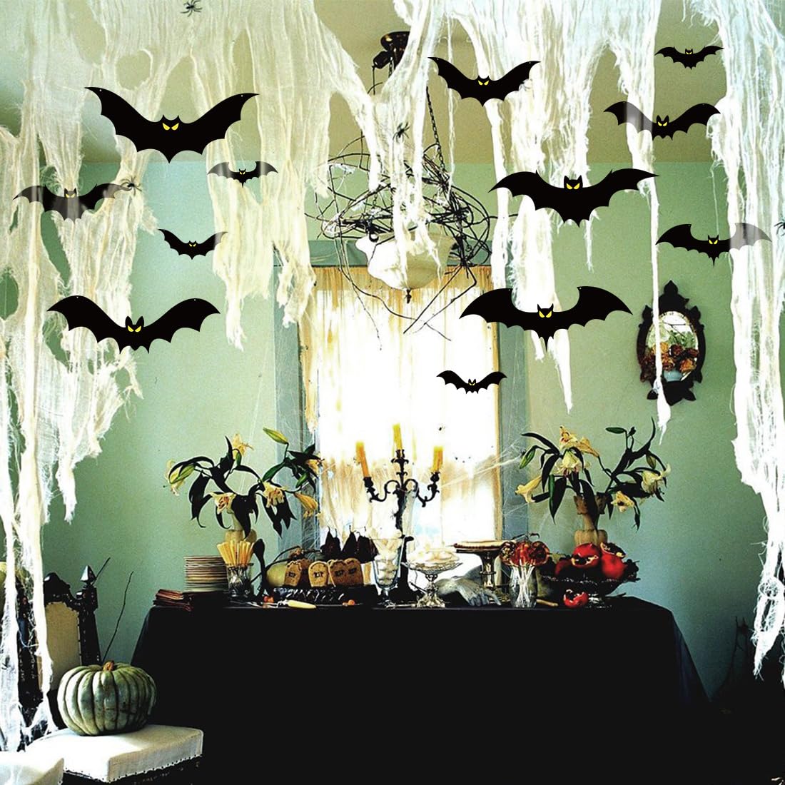 16Pcs Halloween Hanging Bats Decorations Outdoor, Large Flying Bats with Glowing Eyes for Halloween Tree Hanging Decorations Outside…