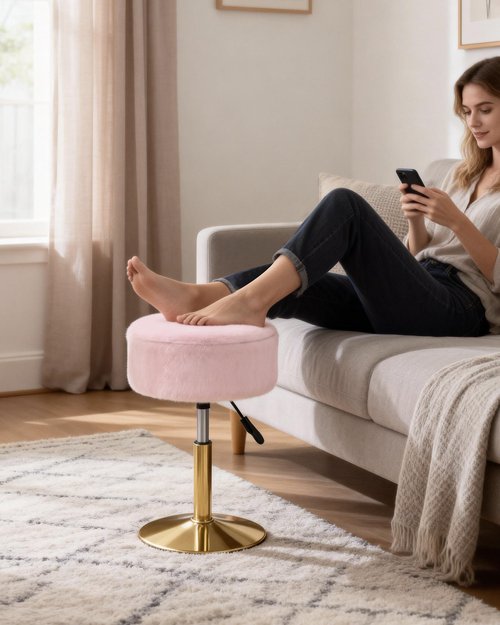 LITZFUR Adjustable Vanity Stool with Storage, 360° Swivel Gold Chair, Faux Fur Small Round Ottoman Footrest for Bathroom, Makeup Room, Pink