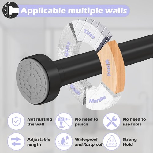 HTZON Black Shower Curtain Rod 18 to 49Inch:Small Spring Tension Shower Rods for Bathroom Kitchen Doorway,Modern Heavy Duty Adjustable Tension Shower Curtain Rod No Drilling No-Slip Easy Install,Black
