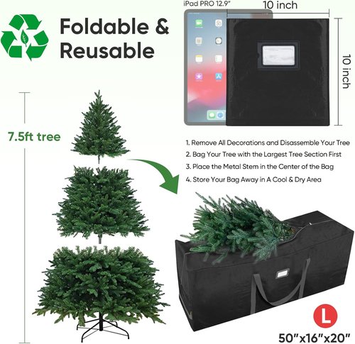 BALEINE Extra Large Christmas Tree Storage Bag - Heavy Duty with Reinforced Handles & Dual Zippers (7.5 ft, Black)