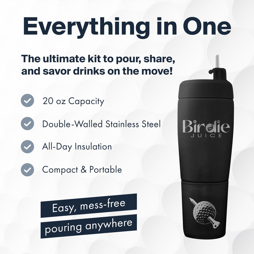 Pour Caddy Birdie Juice Golf Flask Set, Insulated Stainless Steel Liquor Dispenser with Flip top Pour Spout, Leak Proof Cap, Removable Base, Hidden Shot Cups & Ball Marker, 20 oz (Shadow Black)