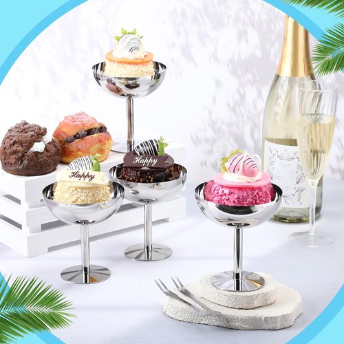 Reallnaive 12 Sets Stainless Steel Ice Cream Cups 6.7 Oz Small Footed Bowls with Forks Bulk Stainless Dessert Cup for Serving Pudding Fruit Summer Birthday Party Supply (Glossy,Silver)