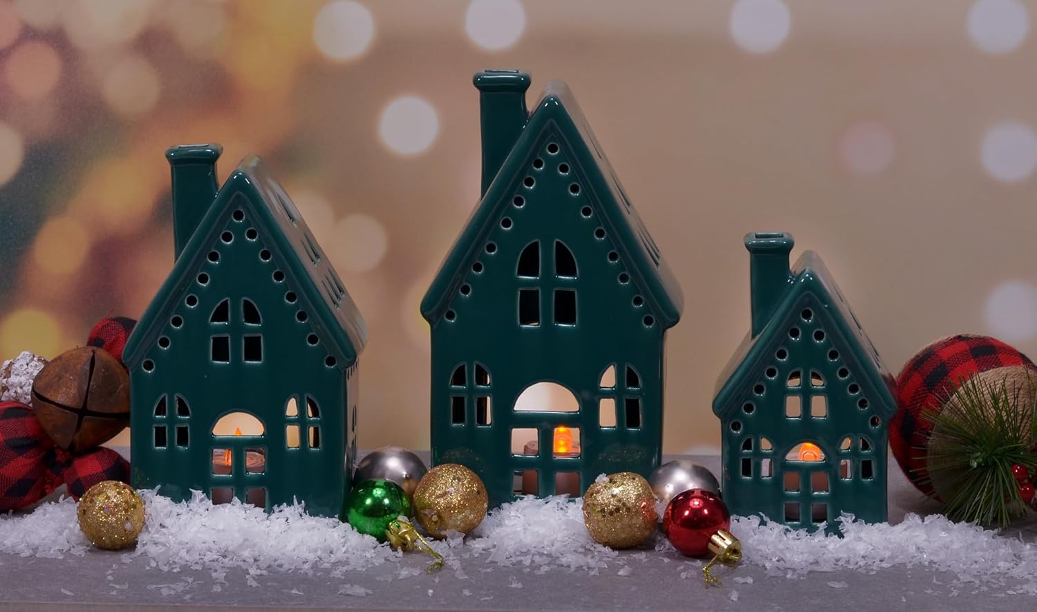 Regine Switzerland Holiday Tea Light Village House Figurines - Deep Green Glazed, Set of 3, 8 Inch