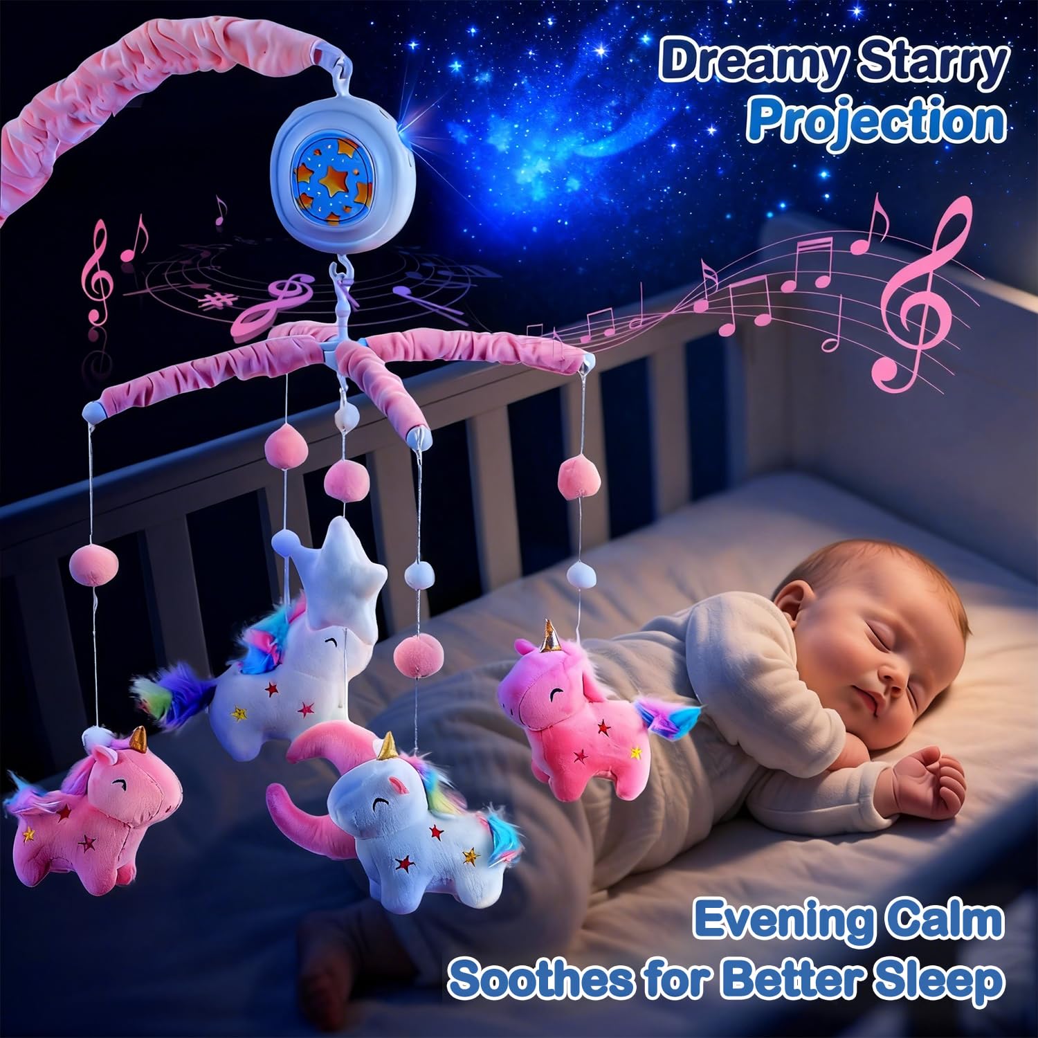 Unicorn Baby Crib Mobile for Girls with Music Box (100+ Lullabies), Rotating Plush Crib Toys for Newborns, Infant, Baby Shower Gift