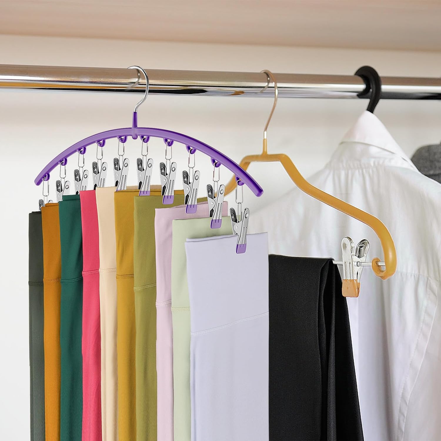 Skiennix Legging Organizer - Metal Yoga Pants Hanger with 10 Clips | Space-Saving Closet Storage - Purple