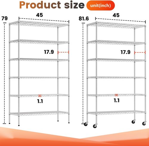BestOffice | Heavy-Duty 6-Tier Wire Storage Shelves with Wheels | Adjustable Chrome Racks | 18x45x82 | Holds Up to 2100 lbs | Easy No-Tool Assembly for Home & Garage