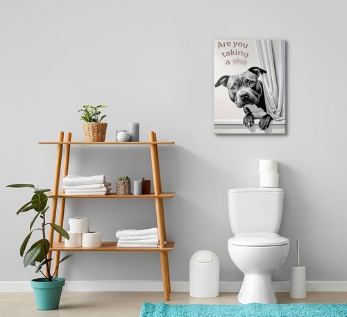 KADEYEE Funny Dog Bathroom Wall Art - French Bulldog Peeking Into Toilet | Black & White Framed Print 12x16 Inch