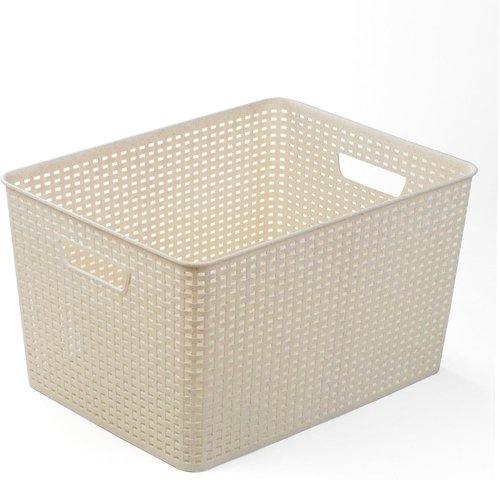 BINO Plastic Storage Baskets - 33 Liter | 3 Pack Natural Woven Baskets for Organizing Shelves