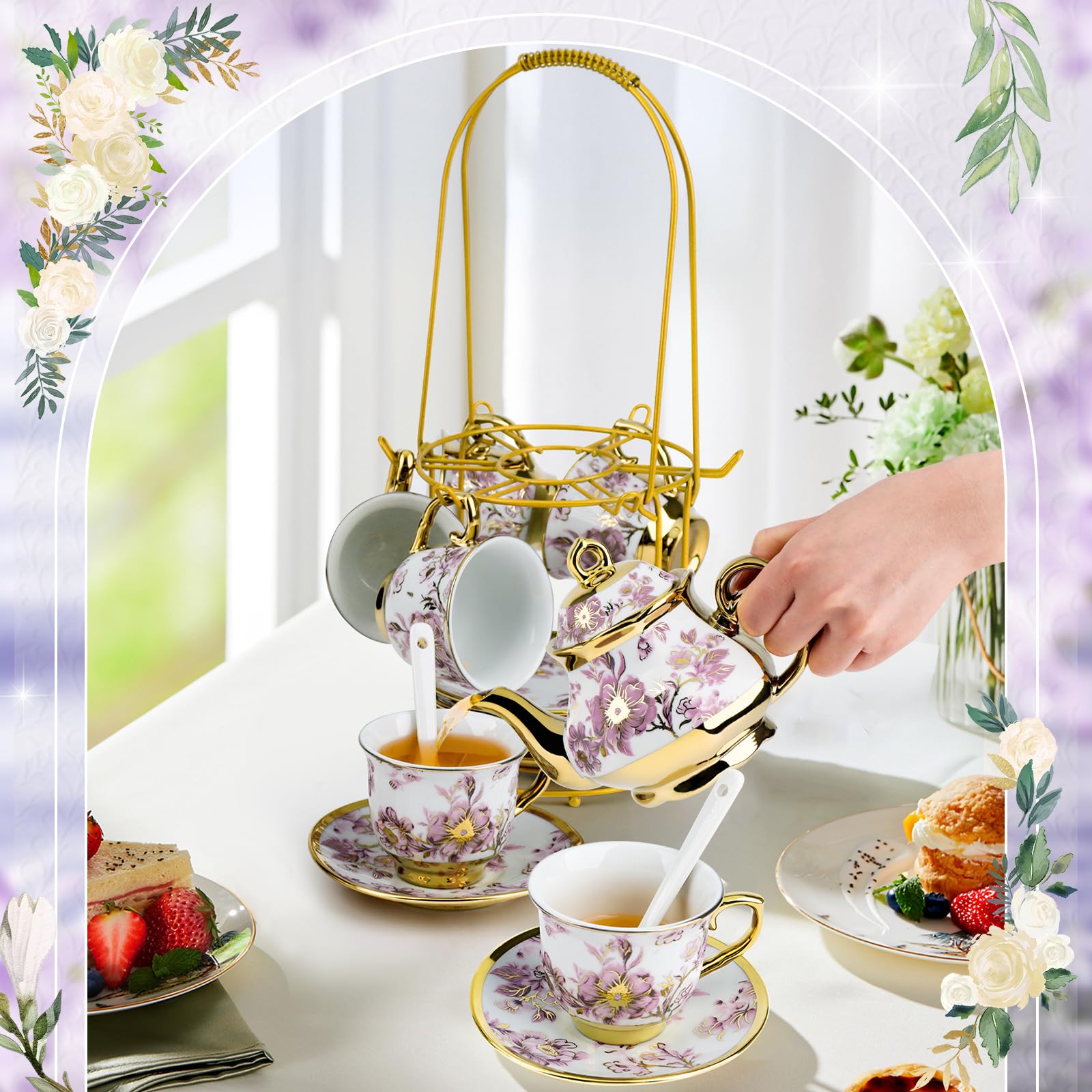 YTDTKJ 20 PCS Ceramic Tea Sets for Women Tea Party, Purple Pattern Tea Set with Gold Shelf, Flower Porcelain Tea Set with 6 Plates & 6 Spoons, Coffee Cup Set for Restaurant Hotels Dinner