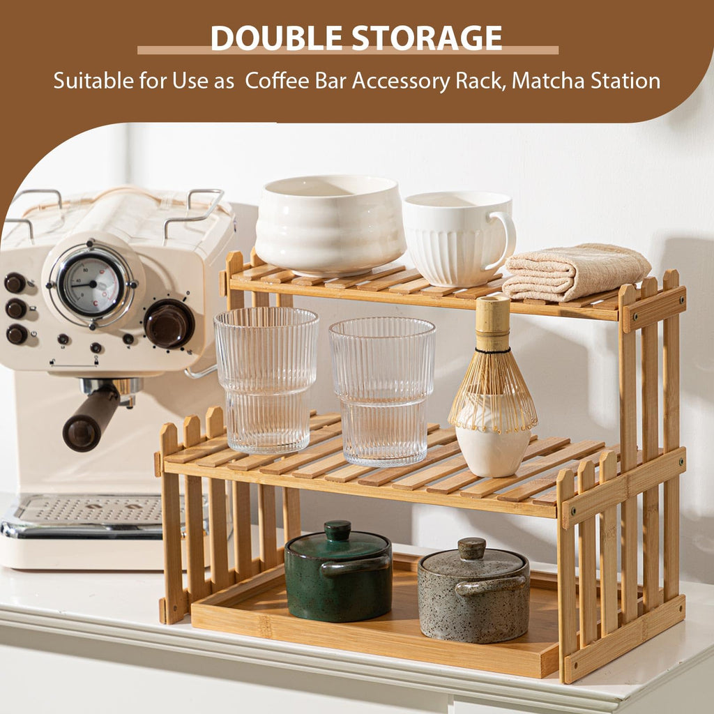 Kathfly 14.6" 2-tier Matcha Station Shelf Stand with 13" Bamboo Matcha Tea Serving Tray Coffee Station Organizer Coffee Bar Storage Rack Mug Holder Countertop for Desktop Flower Pot Cup(Bamboo Color)