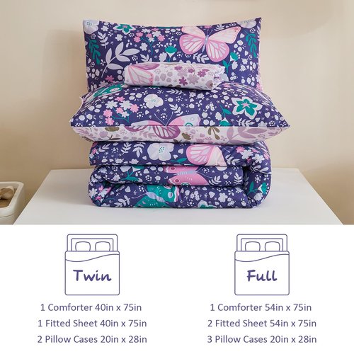 Anibedding 3Pcs Zip Up Bedding Comforter Set for Girls, Purple Butterfly All in One Zipper Full Bedding Set with Pillowcase for Kids