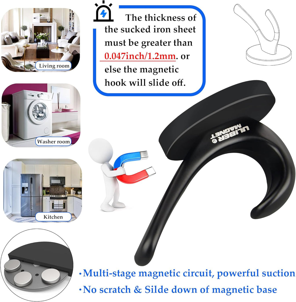 ULIBERMAGNET Strong Magnetic Coat Hooks - Heavy Duty Double Hooks for Coats, Towels & Keys | 2 Pack (Black)