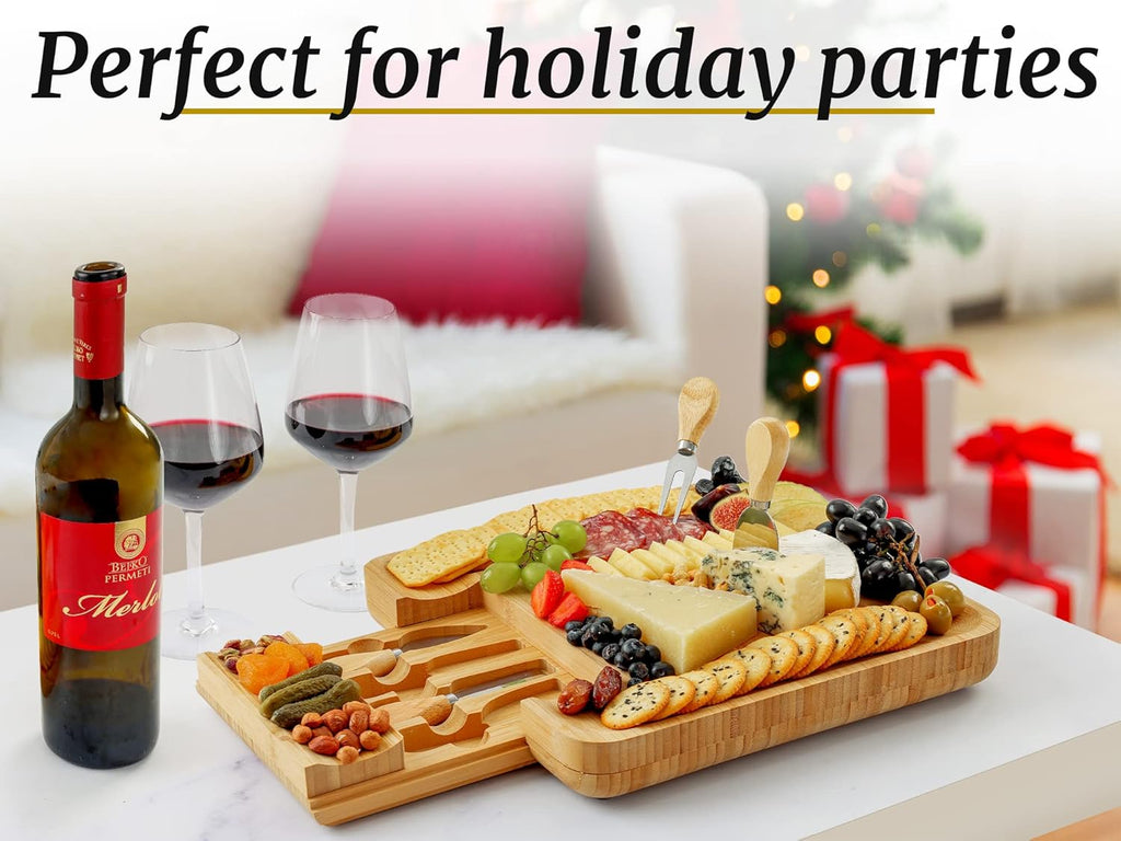 Zulay Kitchen Bamboo Cheese Board Set - Extra Thick Charcuterie Board with 4 Knives | Ideal for Wine & Cheese Gifts