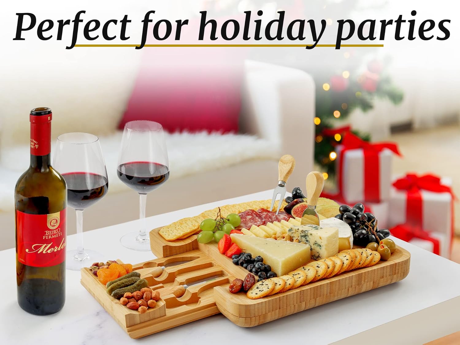 Zulay Kitchen Bamboo Cheese Board Set - Extra Thick Charcuterie Board with 4 Knives | Ideal for Wine & Cheese Gifts