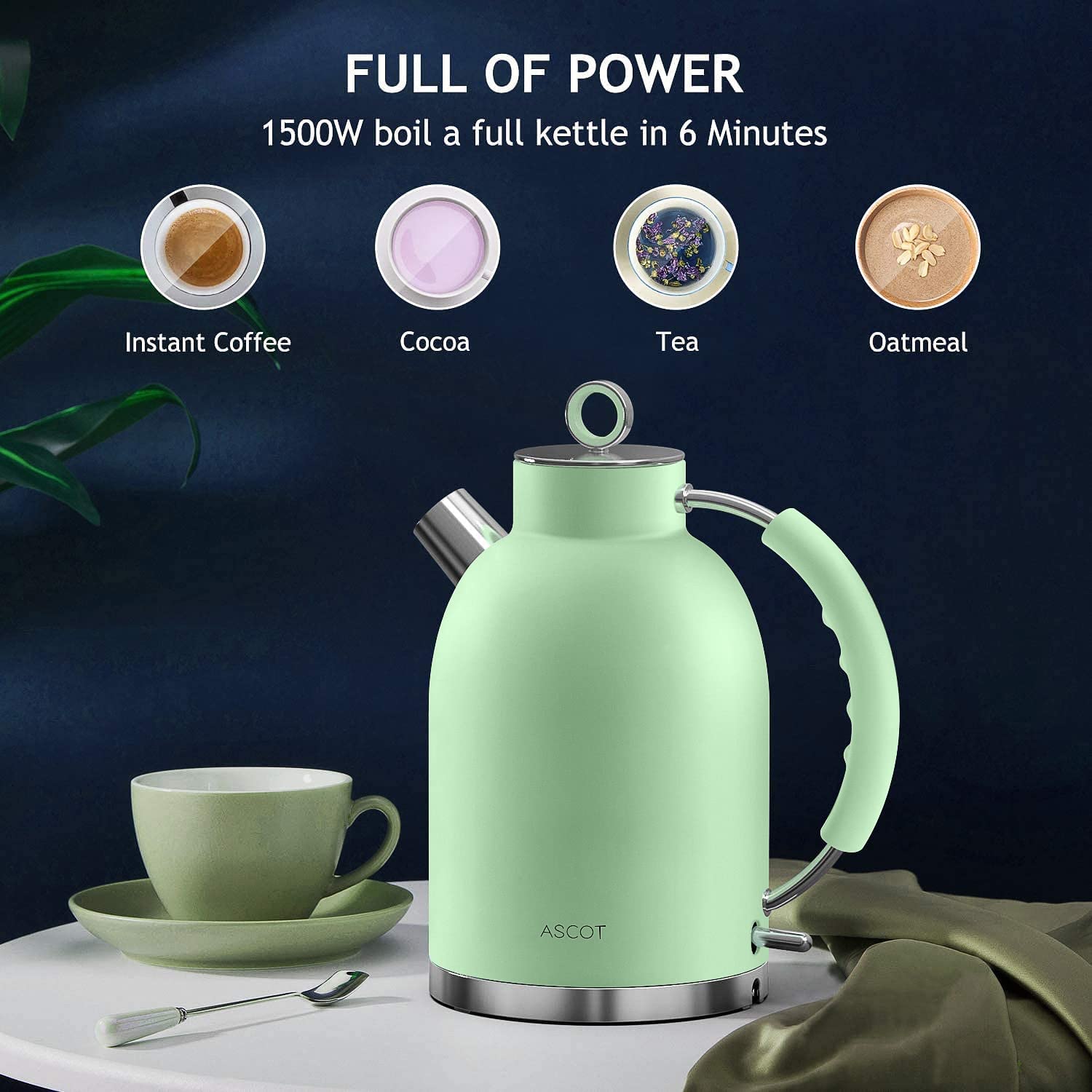 ASCOT Electric Kettle, Stainless Steel Tea Boiler 1.6qt 1500W Retro Tea Heater & Boiling Kettle, Auto Shut-Off and Boil-Dry Protection(Matte Green)