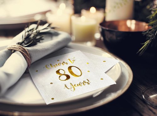 Cheers to 80 Years Cocktail Napkins - 50-Pack 3-Ply Napkins for 80th Birthday & Anniversary Celebrations | 5 x 5 Inch (White)