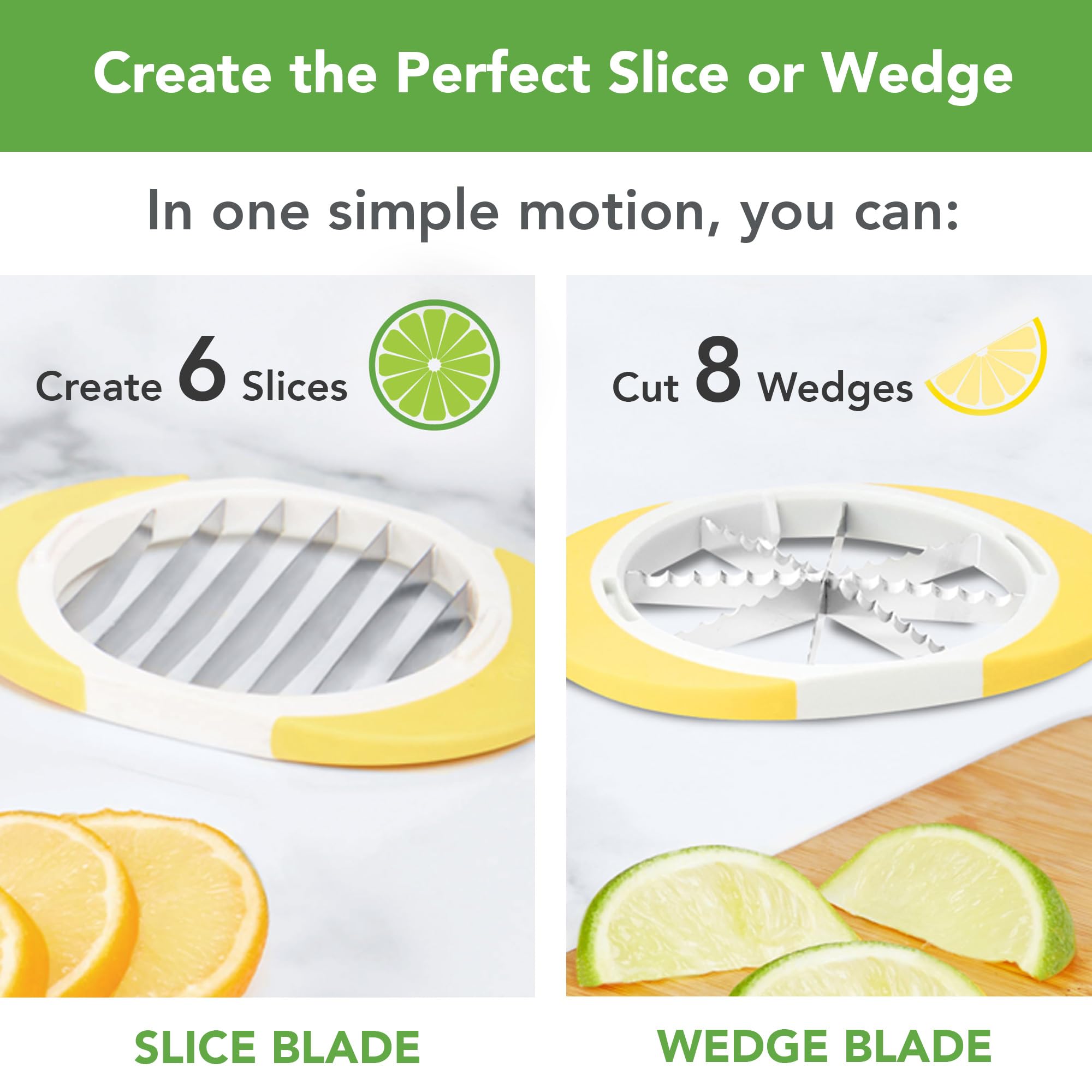 Tovolo Citrus Slicer and Wedger Tool for Lemons Limes Oranges,Dual Blade Premium Cutter Creates 8 Wedges 6 Slices, Anti-Slip Base, Stainless Steel, BPA-Free Dishwasher Safe