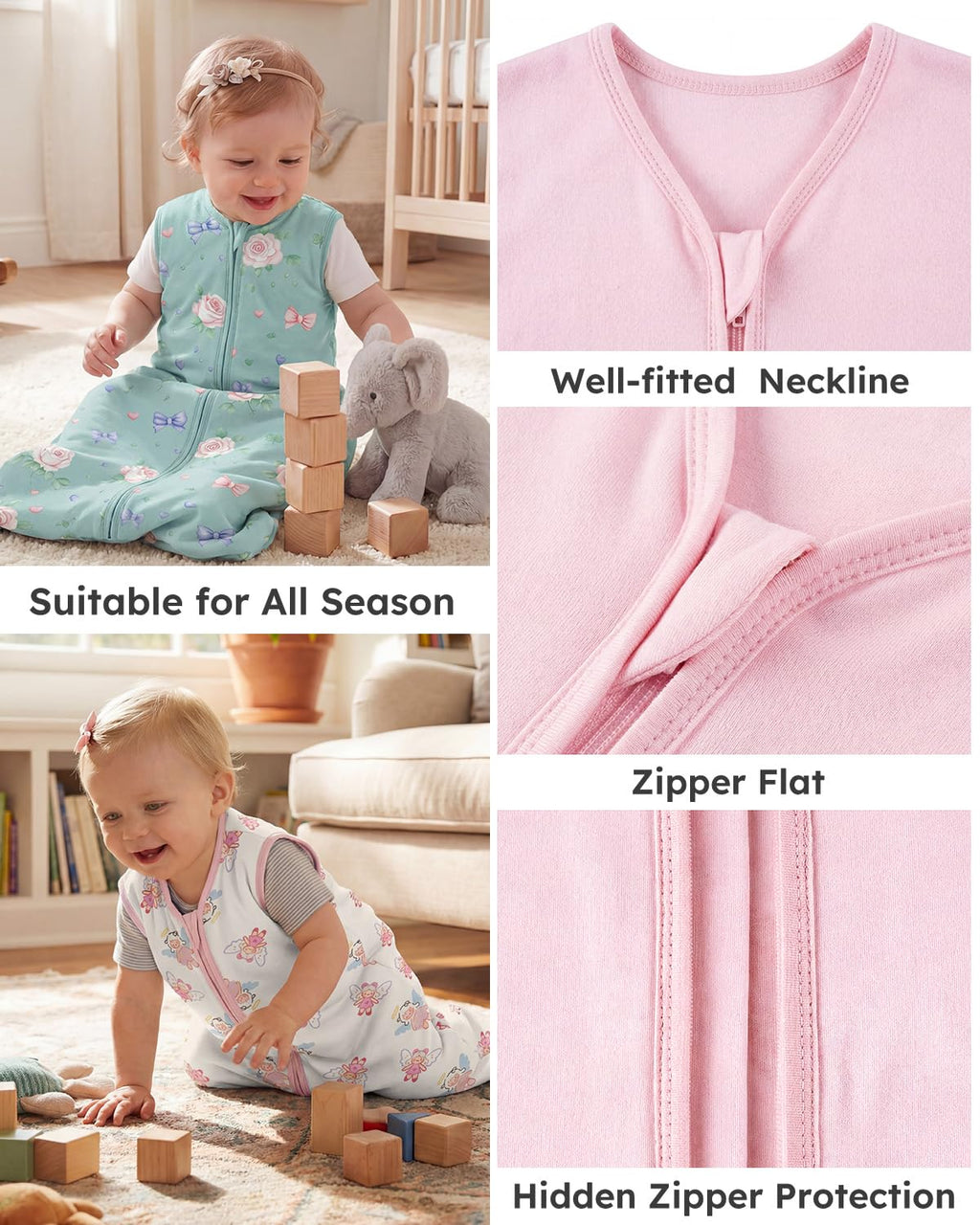 Yoofoss Baby Sleep Sack - 100% Organic Cotton Wearable Blanket | 0-6 Months, 2-Way Zipper, 3 Pack