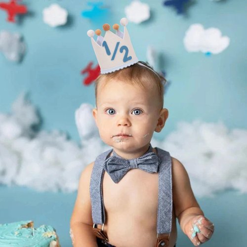 BASCT Blue and Cream 1/2 Birthday Hat for Baby Boys – Halfway to One Birthday Crown, Light Blue Felt Number Half Bday Decorations, 6 Months Milestone Party Hat for Baby Boy Photo Prop