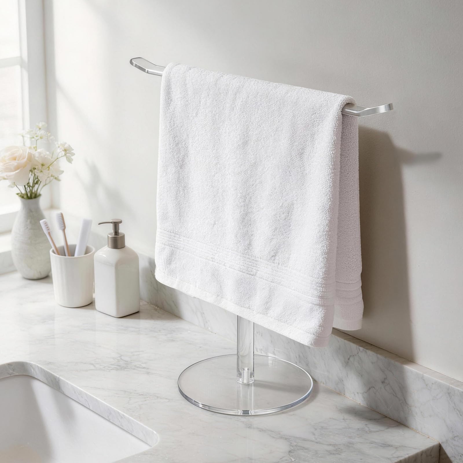 NutroLab Clear Acrylic Hand Towel Holder Stand, T-Shape Free-Standing Towel Rack for Bathroom & Kitchen, Modern Minimalist Design, Simple Assembly, Countertop Organizer
