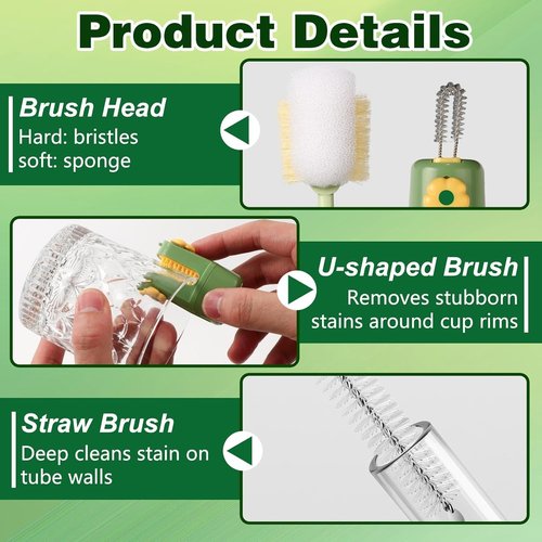 5-in-1 Bottle Cleaning Brush Set, Multifunctional Kitchen Lid Scrubber with Long Handle, Portable Brush Tools for Cups, Hard Bristle Sponge Head(2 Pack)