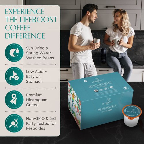 Lifeboost Medium Roast Coffee K-Cups - Low Acid, Mold-Free, Organic Pods | Compatible with Keurig - 10 Count