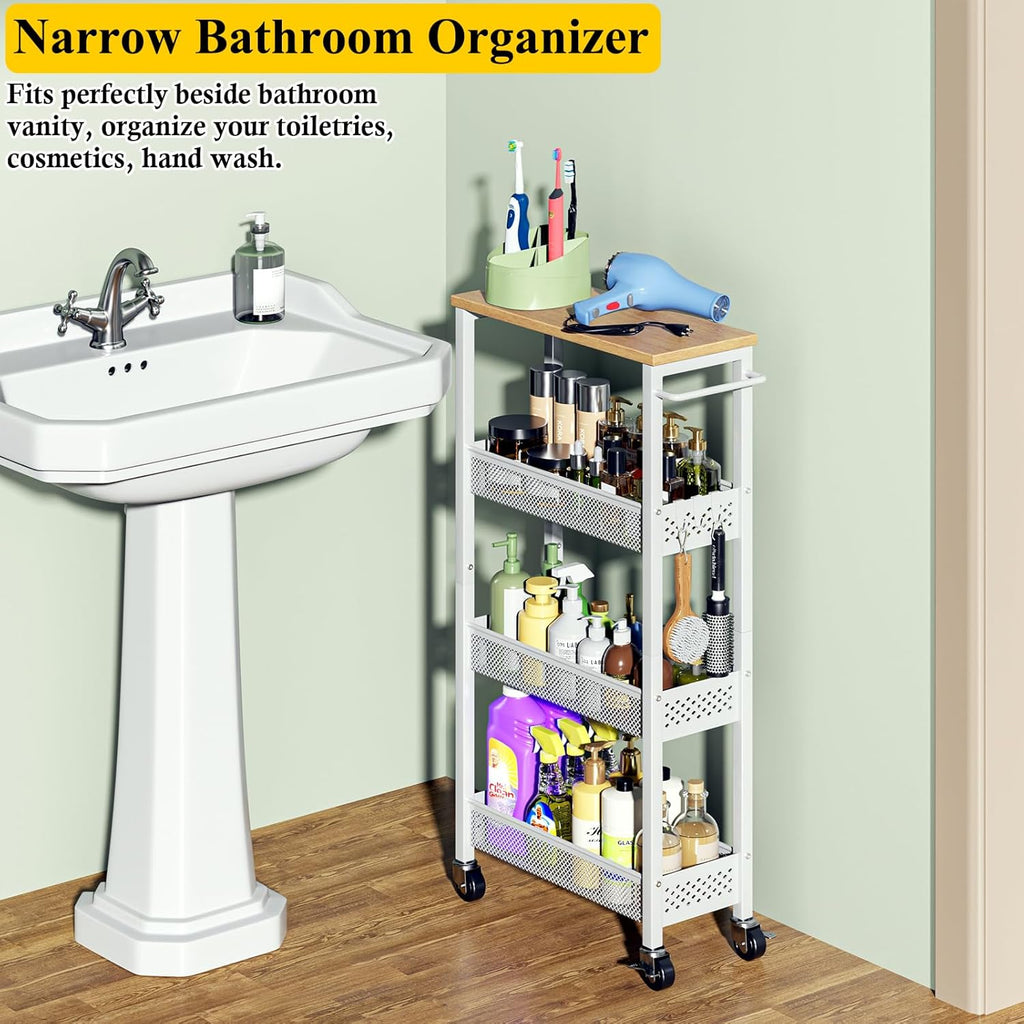 OKZEST Slim Rolling Storage Cart - 4 Tier Mobile Organizer with Wood Top for Kitchen & Bathroom