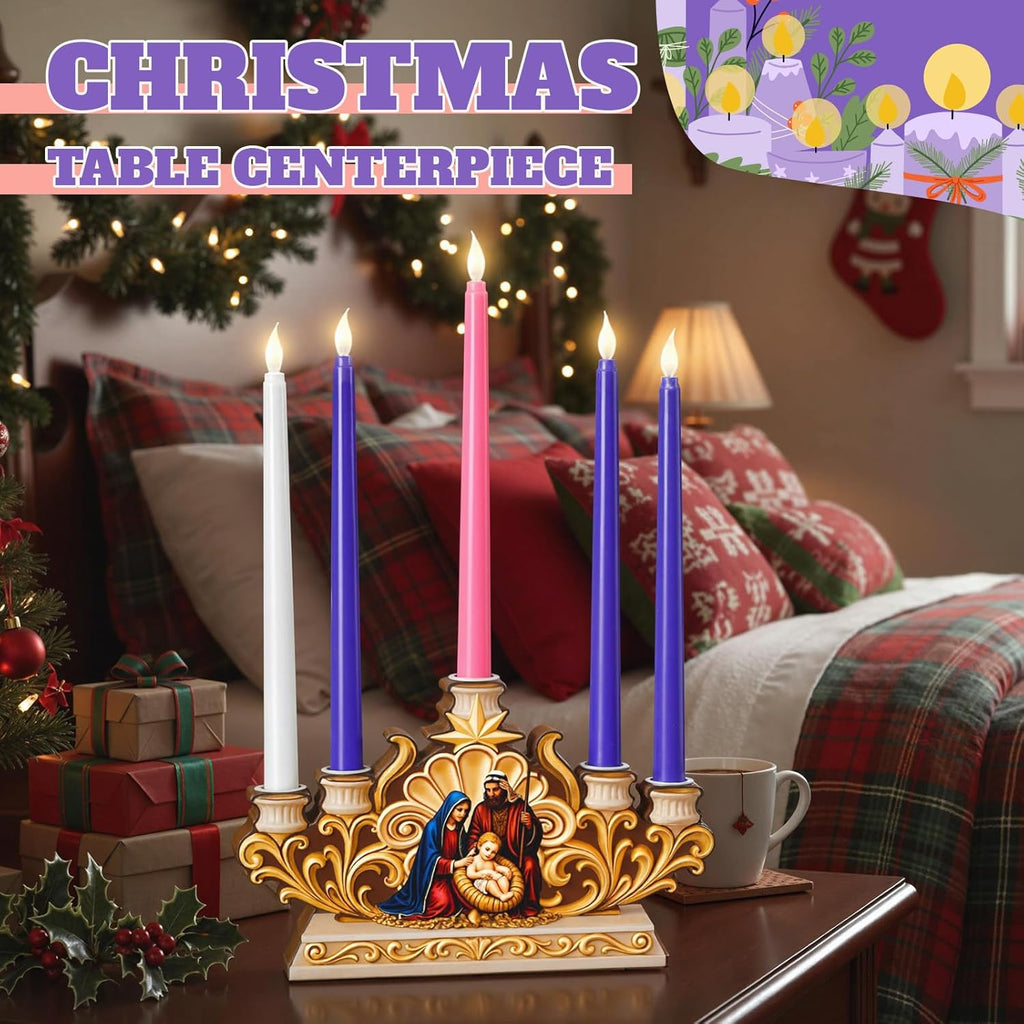 Qinyoung Advent Candle Holder - 5 Pcs Flameless Candles with Nativity Scene | Religious Home Decor