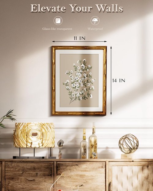 Framed White Flower Canvas Print | Minimalist Botanical Art with Gold Bamboo Frame - 11x14