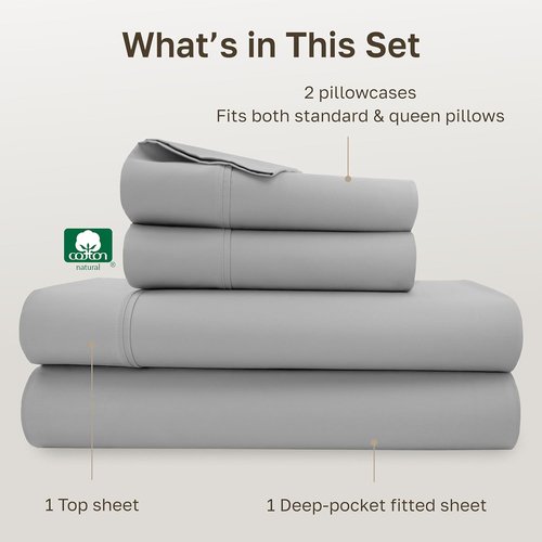 California Design Den 100% Cotton Queen Sheets Set - Silky Smooth Sateen, Deep Pockets, Light Grey
