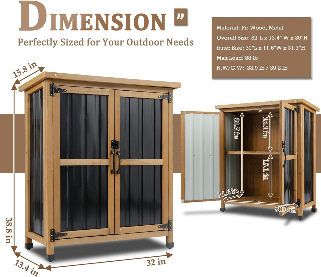 PetsCosset Weatherproof Outdoor Storage Cabinet - Lockable Wood & Metal Shed for Tools, Lawn Equipment & Pool Accessories