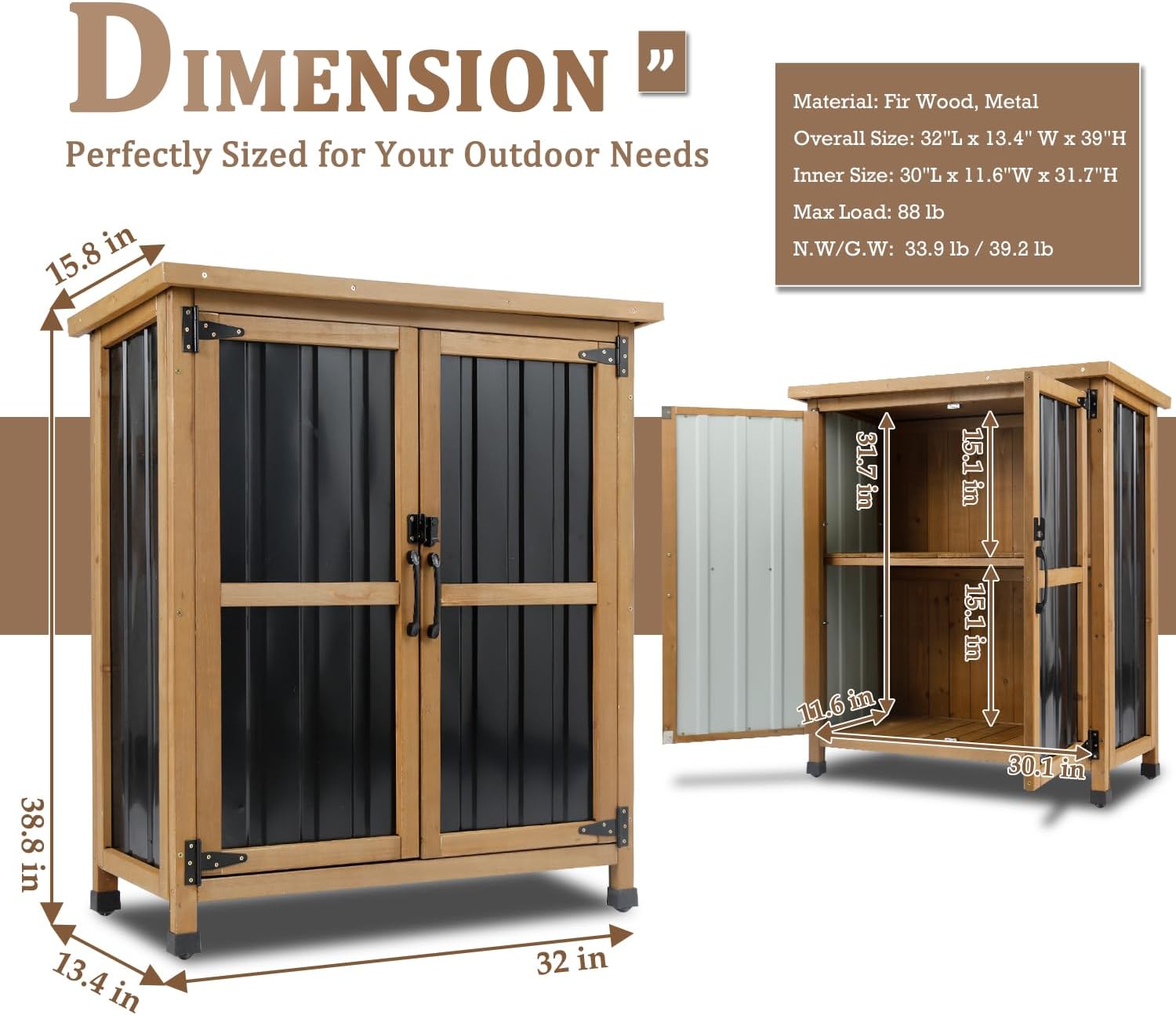 PetsCosset Weatherproof Outdoor Storage Cabinet - Lockable Wood & Metal Shed for Tools, Lawn Equipment & Pool Accessories